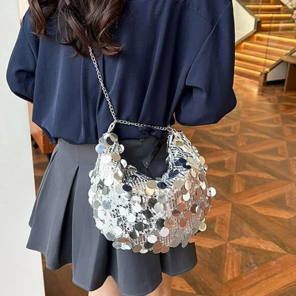 Women Shinny Evening Bag Bucket Purse Handbag Sequin Shoulder Bags Crossbody Bag - Picture 4 of 5